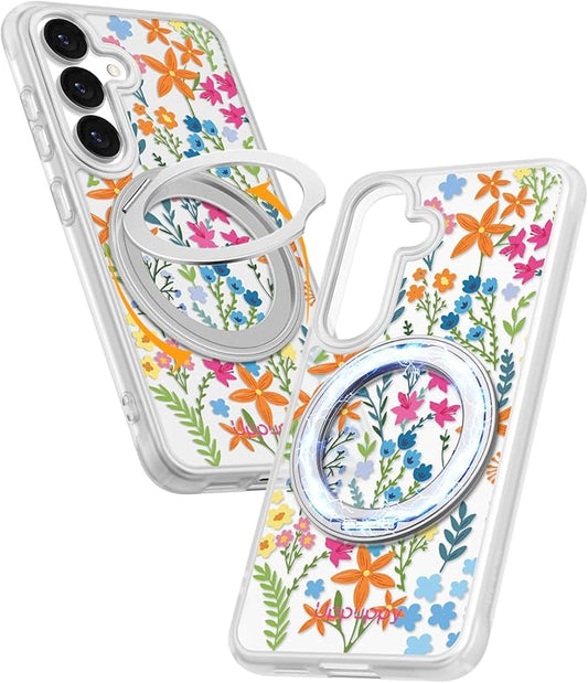 for Samsung Galaxy S25 Case with 360° Rotatable Magnetic Ring - Compatible with MagSafe, Semi-Transparent Soft-Touch Material Shockproof, Cute Colors Flower Design for Women Girl