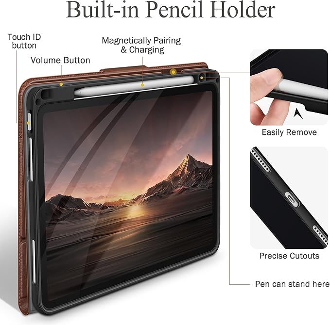 auaua Case for iPad Air 13 inch (M3/M2) 2025/2024, with Pencil Holder and Pocket, Multiple Viewing Angles, Magnetic Closure, Auto Sleep/Wake (Brown)