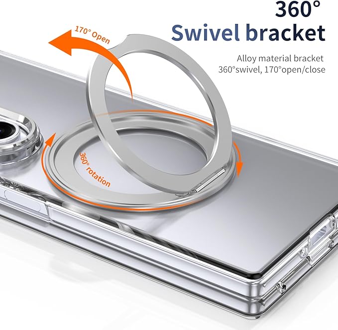 for Samsung Galaxy Z Fold 7 Case with Magnetic Ring Holder, 360 Rotating Bracket, Built-in Front Screen Len Protector, Anti-Yellowing & Anti-Fingerprint Crystal Clear Case.(Silver)