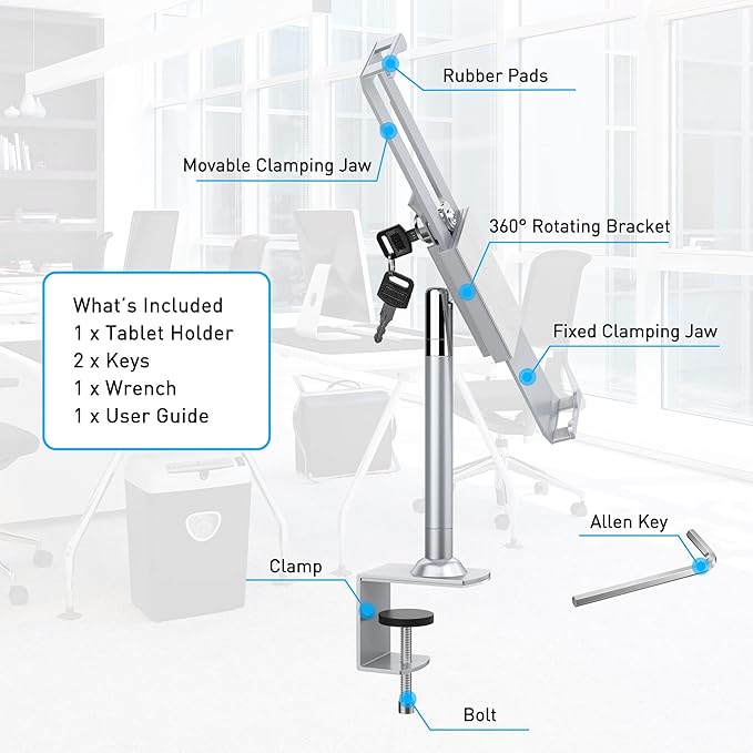 AboveTEK Anti Theft Locking Tablet Stand Holder - 360/320 POS Swivel - Lockable Tablet Security Stand Lock, Desktop Table Clamp Mount Fits 7 to 11 Inch iPad Fire Microsoft Galaxy Tab Google (Silver)