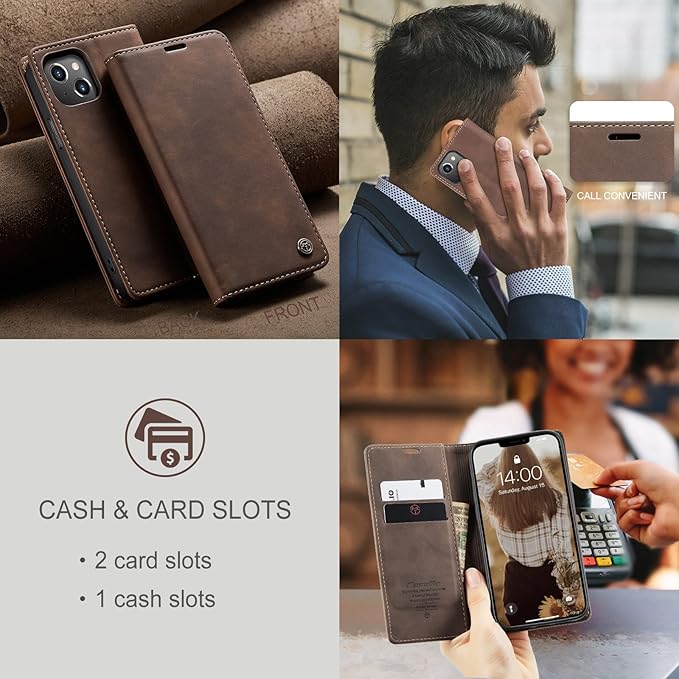 for iPhone 13 Case, Flip Wallet Leather Case with Card Holder Magnetic Closure Shockproof Kickstand Protective Phone Cases Cover for iPhone 13, Coffee
