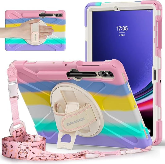 BRAECNstock Kids Case for Samsung Galaxy Tab S10+ Plus/ S9 FE+ Plus/ S9+ Plus/ S8+ Plus/ S7 FE/ S7+ Plus 5G 12.4" Shockproof Protective Cover with Pen Holder Rotating Stand&Hand Strap - Colorful Pink
