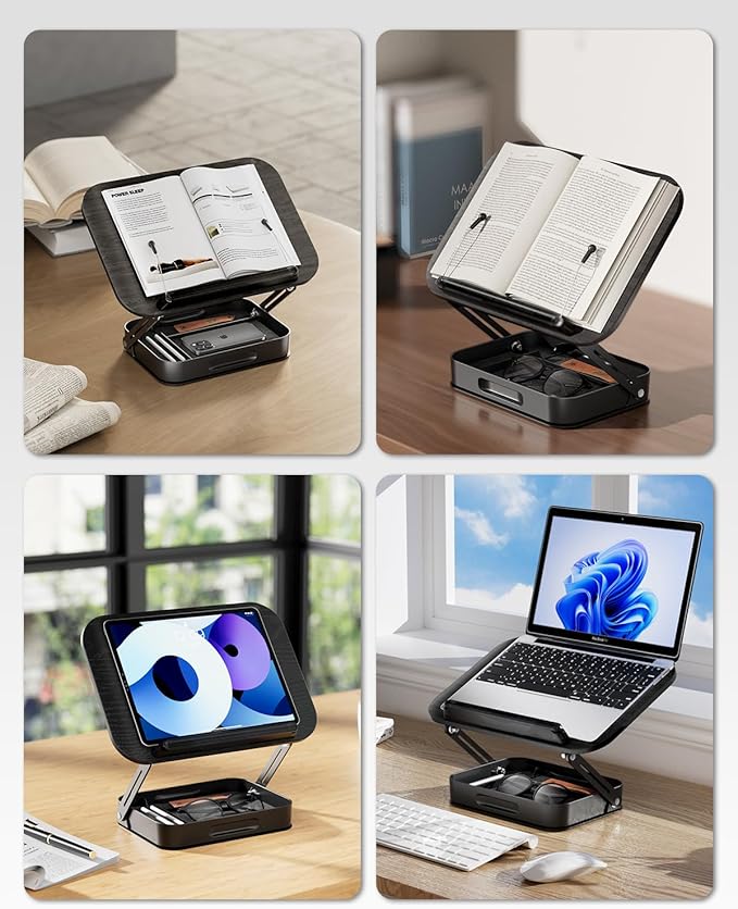 Adjustable Book Stand for Reading with Storage – 360° Rotating Base, Height Adjustable, Extra-Wide Page Clips for Thick Books – Portable Desk Book Holder for Study, Bed, Office, Kitchen (Black)