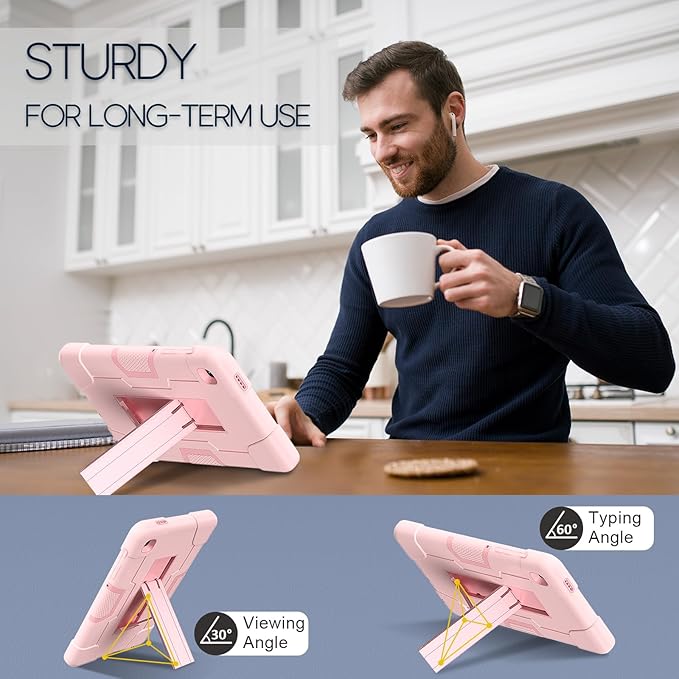 Case for Samsung Galaxy Tab A7 Lite 8.7-Inch 2021 (SM-T227/T225/T220), 3 in 1 Heavy Duty Rugged Shockproof Kickstand Hybrid Three Layer Protective Cover, Rosegold