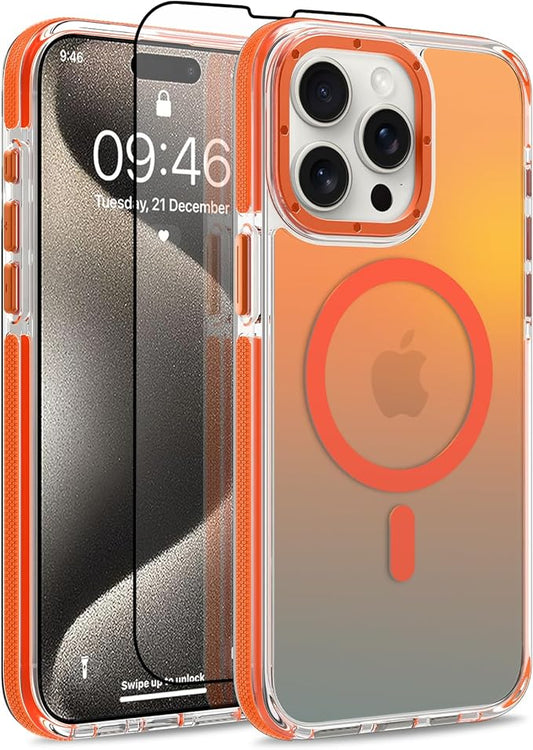 MOWIME Magnetic Case for iPhone 15 Pro Max [Compatible with Magsafe] [Cute Fashion Fluorescent Design] [1 Screen Protector] Slim Translucent Matte Case for iPhone 15 Pro Max 6.7" 2023, Orange