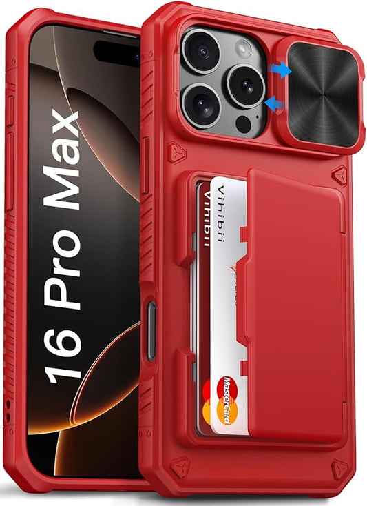Vihibii for iPhone 16 Pro Max Wallet Case with Card Holder (4 Cards) [RFID Blocking] & Slide Lens Cover & Raised Edges Protect Screen, Shockproof Rugged Phone Cover for iPhone 16 Pro Max, Red