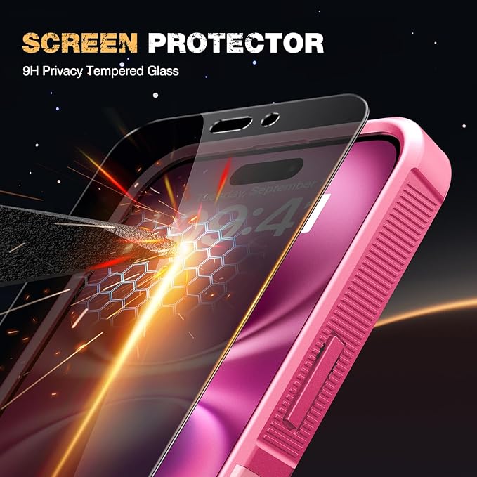 Diaclara Designed for iPhone 16 Case, [with Privacy Screen Protector] [Anti Spy] [Military Grade Drop Protection] Heavy Duty Full-Body Shockproof Phone Case, Magnetic Pink