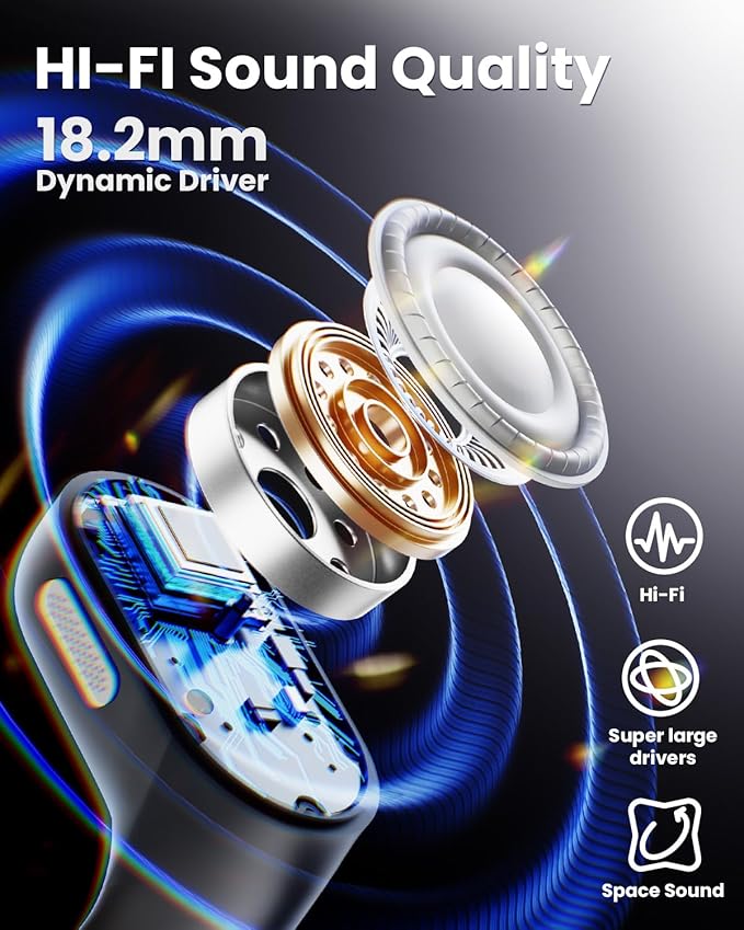 Open Ear Earbuds Bluetooth Headphones Wireless - 80Hrs Playtime Wireless Earbuds with IPX7 Waterproof Touch Control Earphones Sport with 18.2mm Drivers Stereo Sound Bluetooth 6.0 for Running Fitness