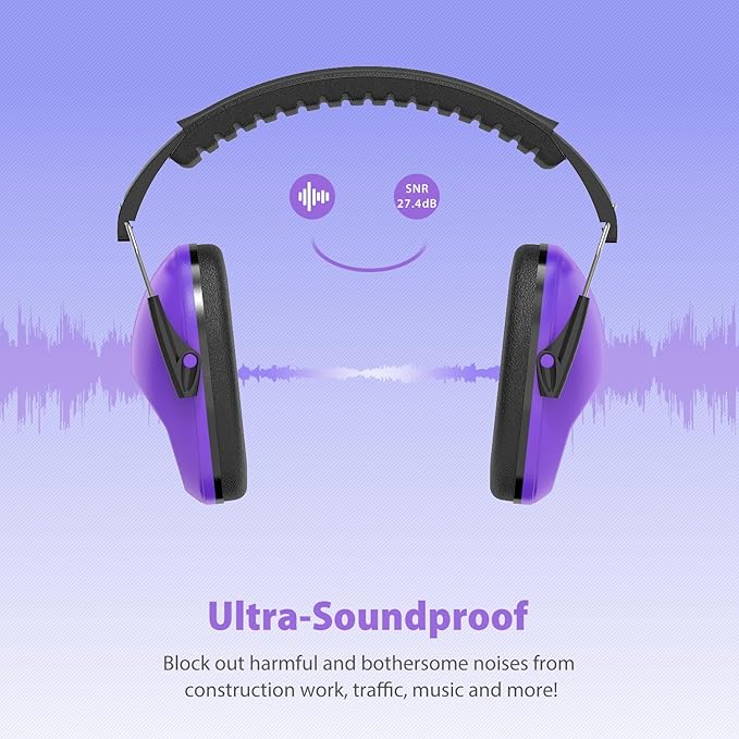 Dr.meter Ear Muffs for Noise Reduction: EM100 SNR27.4 Kids Ear Protection with Adjustable Headband - Kids Noise Cancelling Headphones for Monster Truck, Concerts, Fireworks and Air Shows - Purple