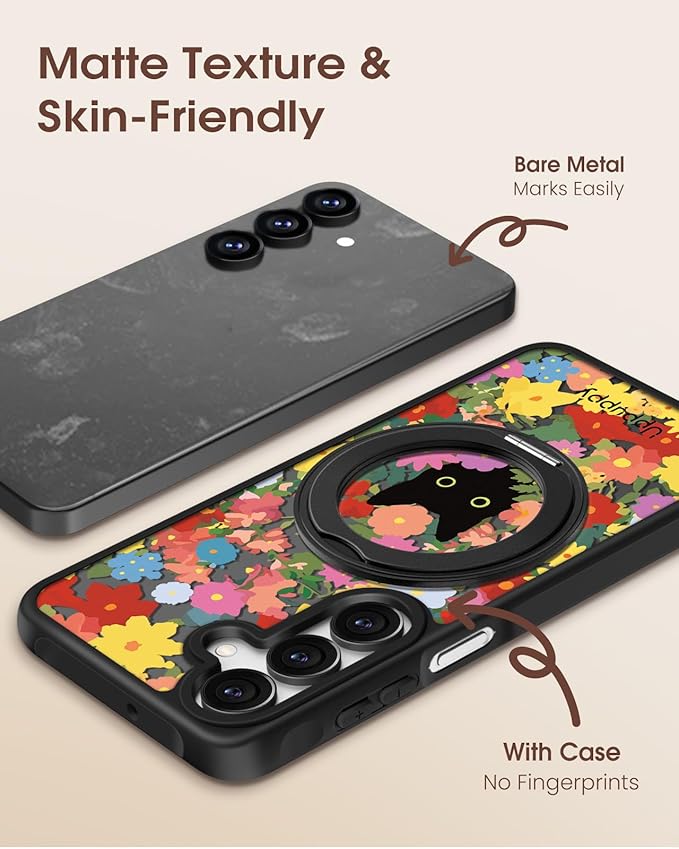 for Samsung Galaxy A16 4G/5G Case with 360° Rotatable Magnetic Ring - Semi-Transparent Anti-Fingerprint Soft-Touch Material Shockproof, Cute Black Cat & Flower Design for Women Girl