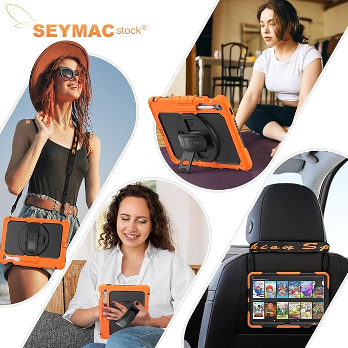 SEYMAC stock Case for Samsung Galaxy Tab S10 FE+ Plus 5G Tablet Case 13.1'' Protective with Screen Protector, Pencil Holder, 360 Rotating Stand, Hand Strap, Shoulder Strap, Black+Orange