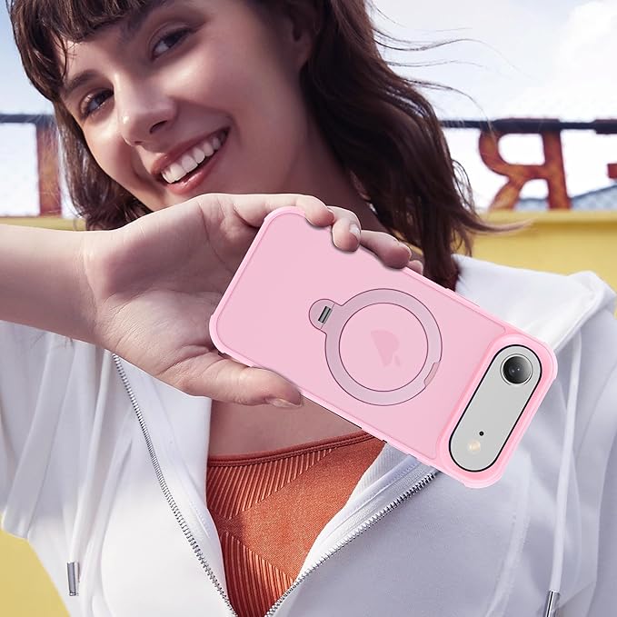 Compatible with iPhone 17 Air Case with Invisible Magnetic 360°Spin Stand,Military-Grade Shockproof Protection [Compatible with Mag-Safe] Non-Slip Edge Translucent Case (6.5",Pink)
