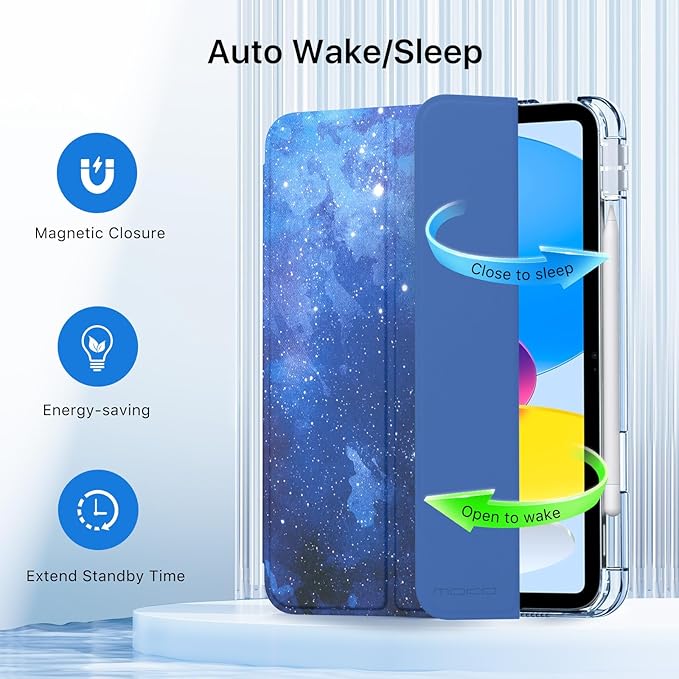 MoKo for iPad (A16) 11th Generation Case 11 Inch 2025, iPad 10th Generation Case 10.9 Inch 2022 with Pencil Holder, Slim Light Trifold Protective Cover with Hard PC Translucent Back Shell, Starry Sky