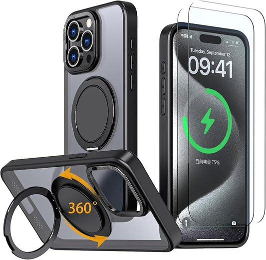 Magnetic Stand Case for iPhone 13 Pro [with 2 Tempered Glass Film] [360° Rotation Magnetic Stand] [Compatible with Magsafe] Military-Grade Drop Protection Case, Black