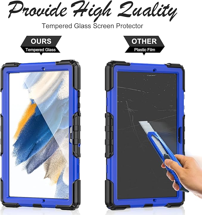 Case for Samsung Galaxy Tab A8 10.5-inch Case 2022 with Tempered Glass Screen Protector, [Kids Proof], Rotatable Kickstand/Hand & Shoulder Strap/S Pen Holder (Blue)