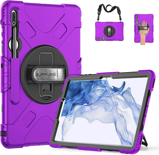 SUPFIVES Case for Samsung Galaxy Tab S8 Plus 2022: Three Layer Heavy Duty Silicone Protective Cover with Stand - S Pen Holder - Handle for Galaxy Tablet S8+/S7+/S7 FE 12.4" - Purple