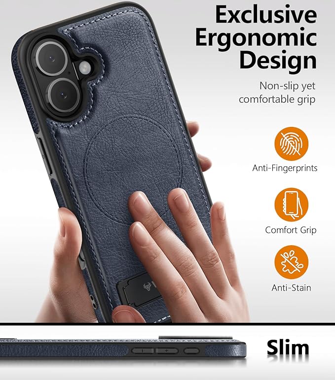 Magnetic for iPhone 17 Leather Case,Built-in Invisible Stand [Compatible with Magsafe] Protective Slim Kickstand Phone Cover for iPhone 17 Case, Blue