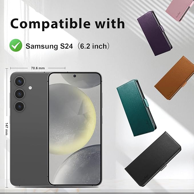 Wallet Flip Case for Samsung Galaxy S24 5G - [RFID Blocking] Luxury PU Leather Card Holder Magnetic Phone Cover with Kickstand,Shockproof Protective Case,Purple