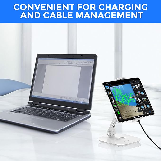 AboveTEK Tablet Stand Holder, Stylish Aluminum iPad Stands, Foldable 360° Swivel iPad iPhone Table Stand Holder fits 4-11" Tablets/Smartphones for Kitchen Bedside Office POS Showroom Reception (White)