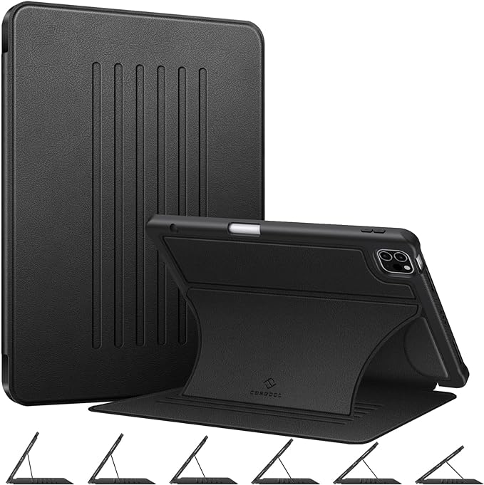 CaseBot Magnetic Stand Case for iPad Pro 11-inch (4th / 3rd Generation) 2022/2021 - Multiple Angles Shockproof Soft TPU Cover w/Pencil Holder, Also Fit iPad Pro 11" 2nd /1st Gen, Black