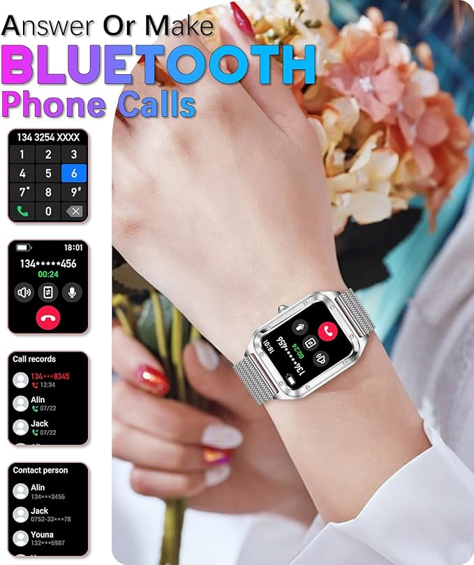 Smart Watch for Women, 1.59'' Full Touch Women's Smartwatch with Female Health Tracking, Fitness Tracker Heart Rate Monitor, Waterproof Sports Smartwatch for Android iOS (Silver Mesh RT-i98)