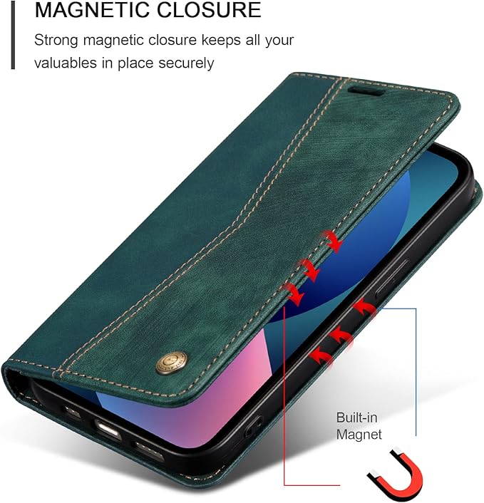 QLTYPRI Case for iPhone 14, Vintage PU Leather Wallet Case Card Slot Kickstand Magnetic Closure Shockproof Flip Folio Book Case Cover for iPhone 14(6.1 inch) - Retro Dark Green