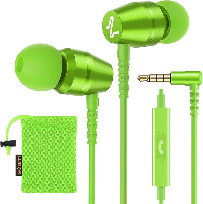 LUDOS OMNITONE Wired Earbuds in-Ear Headphones, 5 Years Warranty, Earphones with Microphone, 3.5 mm Jack Corded Ear Buds, Videoconference for iPhone, Samsung, Laptop, Kids, School Students - Green