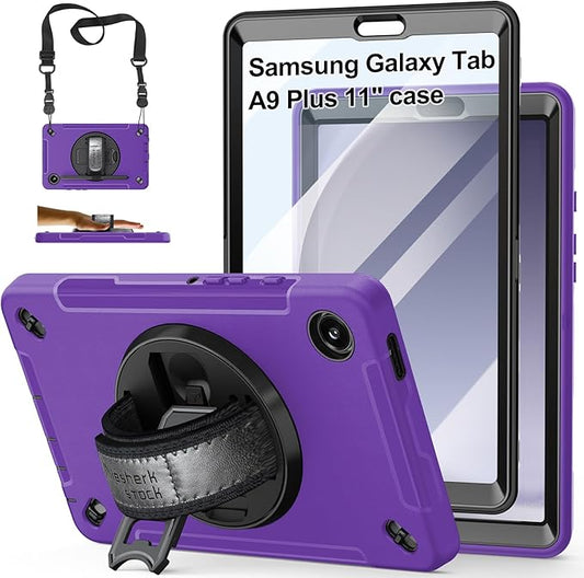 Case for Galaxy Tab A9 Plus 5G 2023: Heavy Duty TPU Cover for Samsung Tablet A9+ 11 Inch with Screen Protector- Stand - Handle - Shoulder Strap -S-Pen Holder- Purple