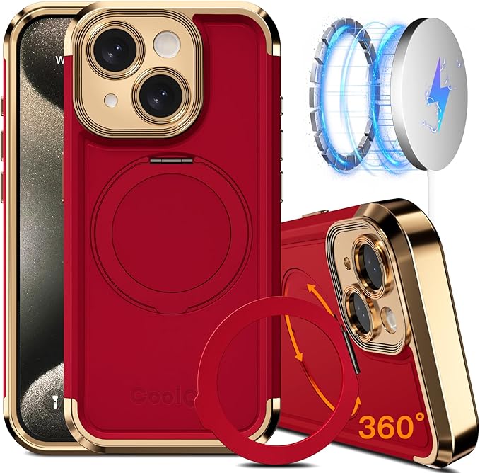 COOLQO for iPhone 13 Case 6.1'' Upgraded 360° Spin Magnetic Stand [Compatible with Magsafe][Military Protection] Plating Matte Scratch-Resistant Back Protective Shockproof Phone Case, Red Gold