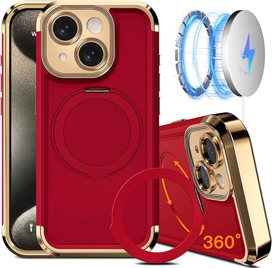 COOLQO for iPhone 13 Case 6.1'' Upgraded 360° Spin Magnetic Stand [Compatible with Magsafe][Military Protection] Plating Matte Scratch-Resistant Back Protective Shockproof Phone Case, Red Gold