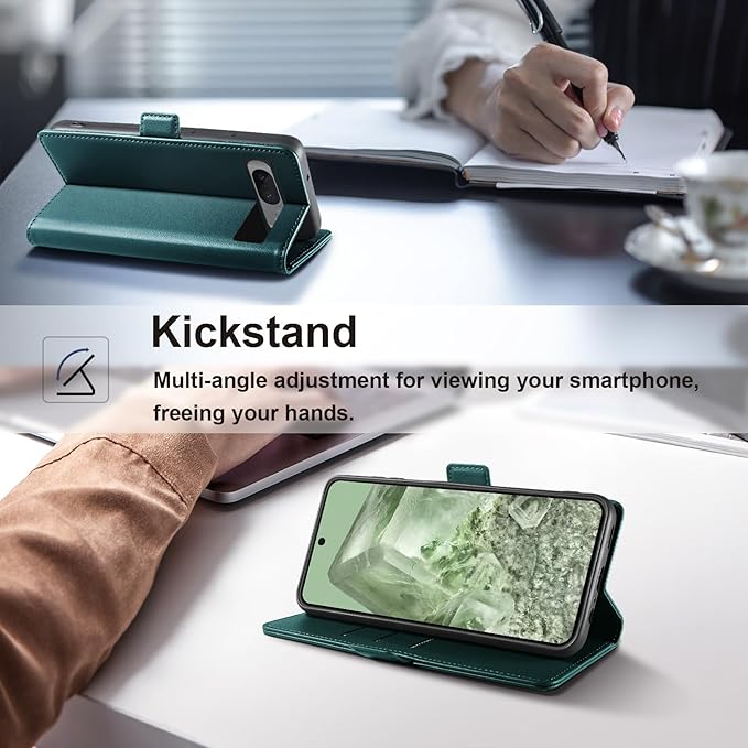 Wallet Flip Case for Google Pixel 8 - [RFID Blocking] Luxury PU Leather Card Holder Magnetic Phone Cover with Kickstand,Shockproof Protective Case,Green
