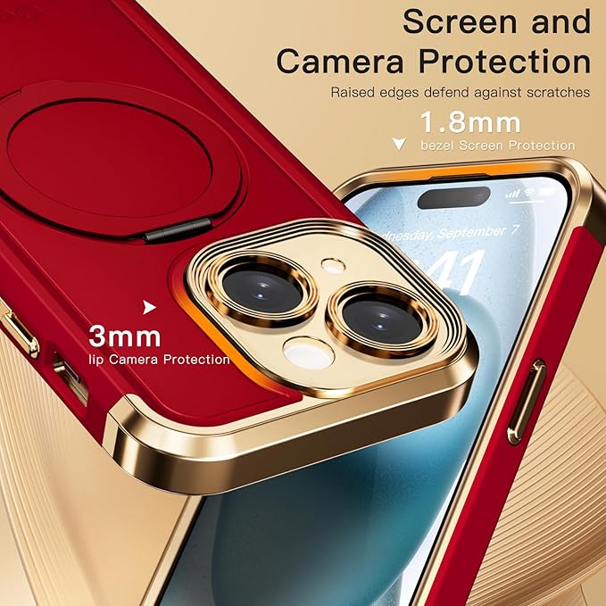 COOLQO for iPhone 13 Case 6.1'' Upgraded 360° Spin Magnetic Stand [Compatible with Magsafe][Military Protection] Plating Matte Scratch-Resistant Back Protective Shockproof Phone Case, Red Gold