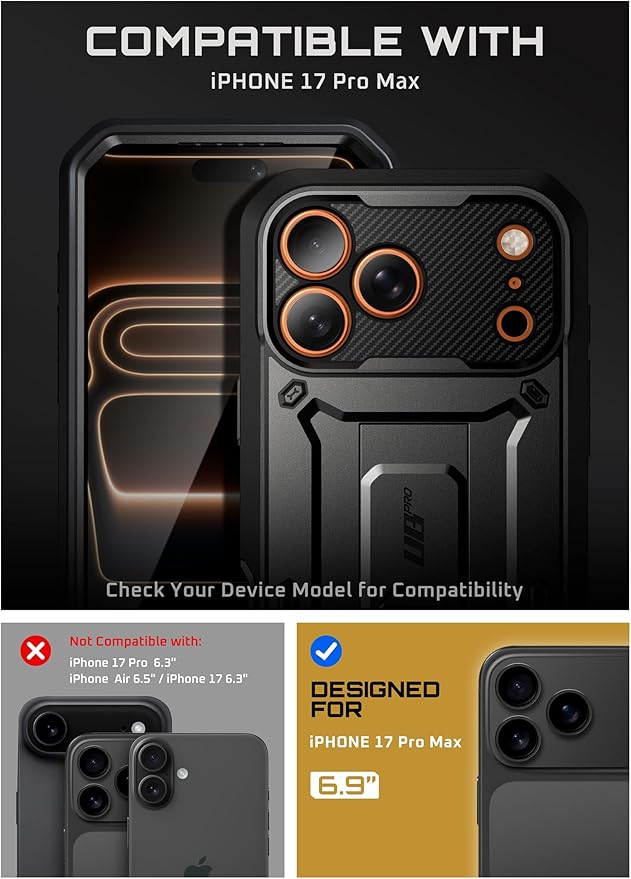 SUPCASE for iPhone 17 Pro Max Case with Camera Control Button (Unicorn Beetle Pro), [Built-in Kickstand & Screen Protector] [Military-Grade Protection] Full Body Heavy Duty Phone Case, Black