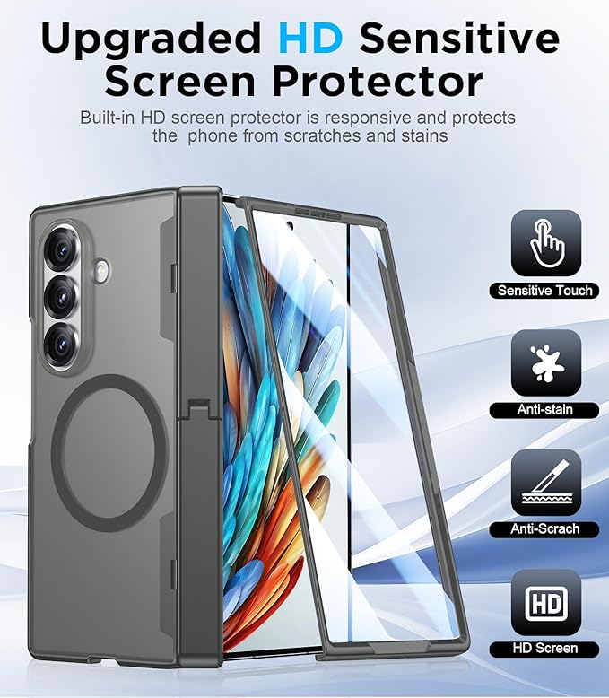 Temdan Magnetic for Samsung Galaxy Z Fold 7 Case,[Compatible with MagSafe][Built-in HD Screen Protector&Invisible Kickstand][Hinge Protection]Translucent Matte Shockproof Phone Case for Z Fold 7,Gray