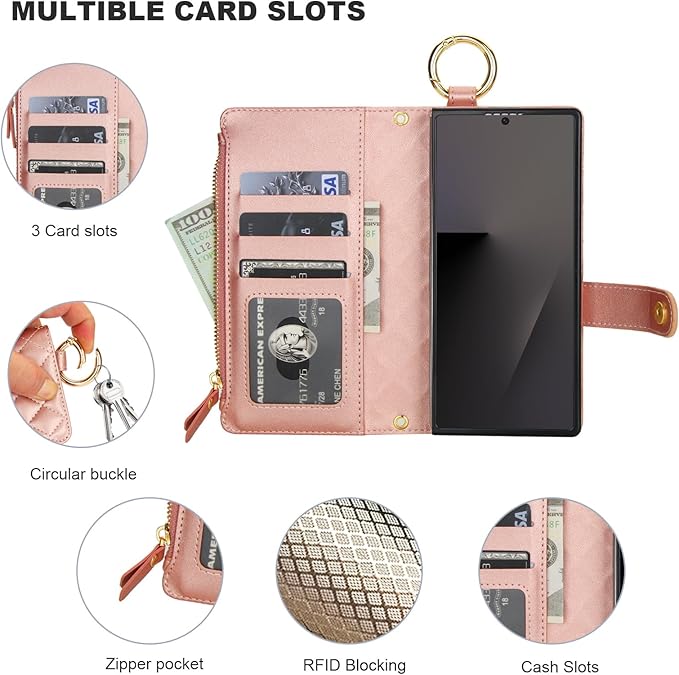 KIHUWEY for Galaxy Z Fold 7 Wallet Case with Card Holder Premium Leather Magnetic RFID Blocking Shockproof Zipper Wrist Strap Lanyard Cover for Samsung Galaxy Z Fold 7 8.0 Inch (Rose Gold)