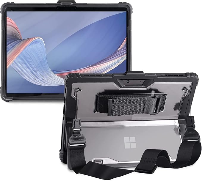 Clear Case for Microsoft Surface Pro 7 Plus/Pro7/Pro 6/Pro 5/Pro 2017/Pro 4,Rugged Hard Shell Cover with Shoulder Strap & Hand Strap&Stylus Pen Holder, Compatible with Type Cover Keyboard, (Black)