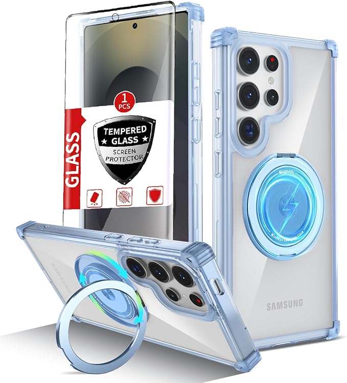 for Samsung Galaxy S25 Ultra Case Compatible with MagSafe Magnetic,with Screen Protector,with Kickstand Ring Military Grade Drop Heavy Duty Protection Shockproof for S25 Ultra Phone Case Blue