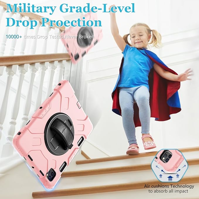 Case for iPad Pro 11 Inch 2022/2021/ 2020/2018: Silicone Cover for iPad 11 Inch 4th/ 3rd/ 2nd/ 1st/ Generation with Screen Protector- Stand- Handle- Shoulder Strap- Pencil Holder- Rose Gold