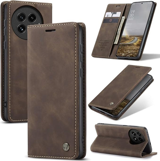 for OnePlus 13 Case, Flip Wallet Leather Case with Card Holder Magnetic Closure Shockproof Kickstand Protective Phone Cases Cover for OnePlus 13, Coffee