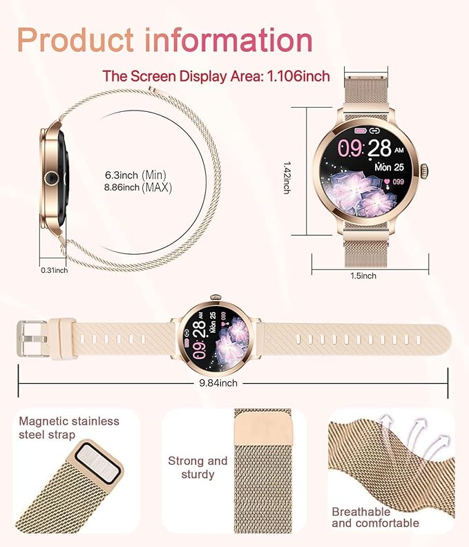 Smart Watches for Women, 1.106" AMOLED Small Screen Smartwatch Answer/Make Call for Android iOS Phones, IP68 Waterproof Fitness Activity Tracker with Heart Rate Sleep Monitor SpO2, Silver