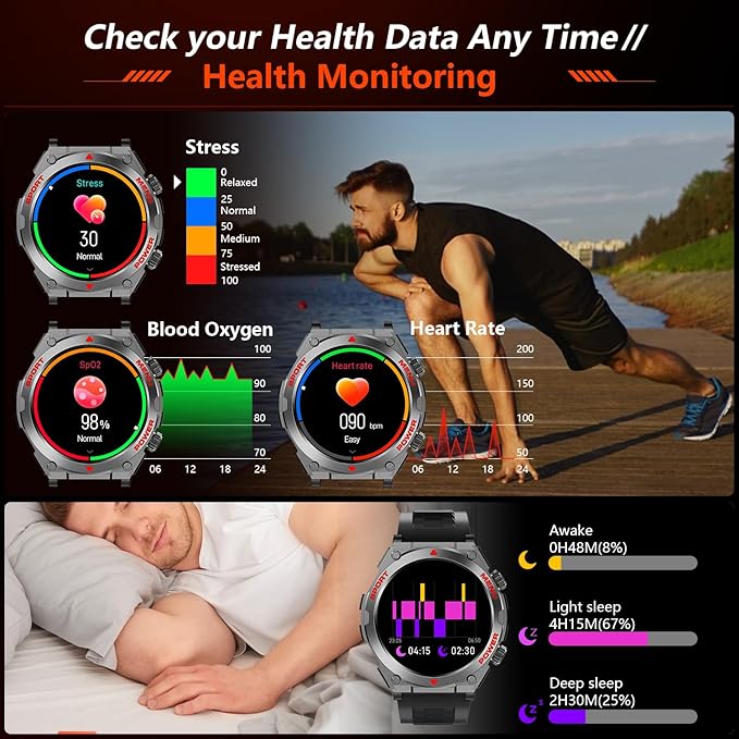 Military Smart Watch for Men With AI Q&A (Answer/Make Call/SMS Reply), 1.52" HD Smartwatch for Android Phones/iPhone, 100+ Sport Mode Fitness Tracker with HR, SpO2, Sleep Monitor, IP68 Waterproof