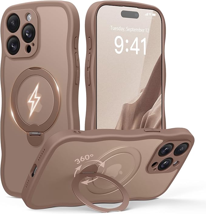 GolbinBox for iPhone 15 Pro Case,[Compatible with Magsafe][360°Magnetic Stand][Cute Wave Edge][18ft Military-Grade Protection] Translucent Matte Phone Women Case for iPhone 15 Pro, Brown