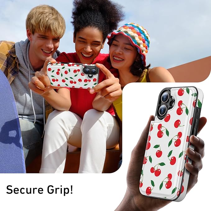 FUNMIKO for iPhone 16 Plus Wallet Case with Card Holder, RFID-Blocking, Military-Grade Protection & UV-Printed Artwork, Magnetic Closure with Leather Kickstand - Juicy Cherries