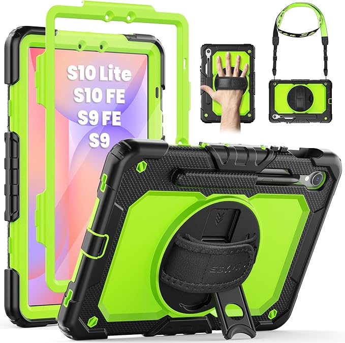 SEYMAC for Samsung Galaxy Tab S10 Lite/ S10 FE/ S9 FE/ S9 5G Case (10.9''/11''), Heavy Duty Shockproof Protective Case with Screen Protector, Rotating Stand, Hand Strap and Pen Holder, Green