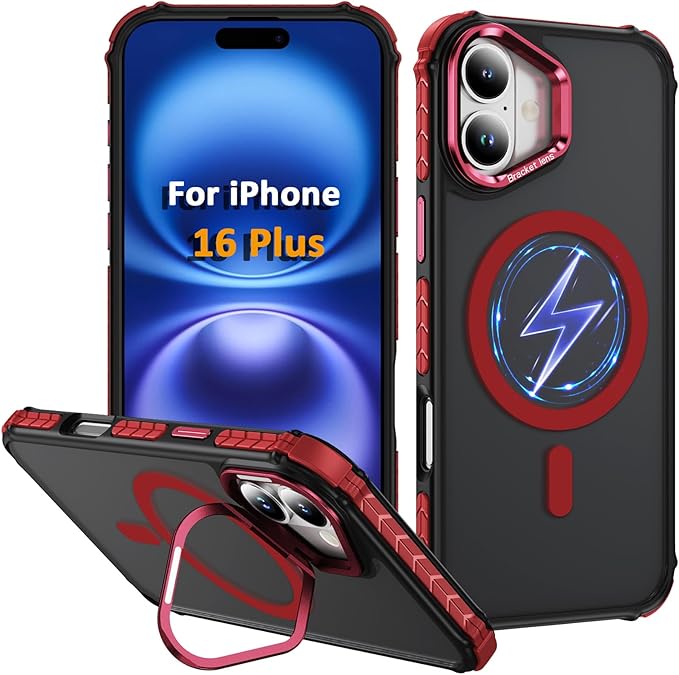 Magnetic for iPhone 16 Plus Case Red with MagSafe Wireless Charging Heavy Duty Military-Grade Shockproof Protection Adjustable Kickstand Slim Matte Anti-Fingerprint Cover Men Women