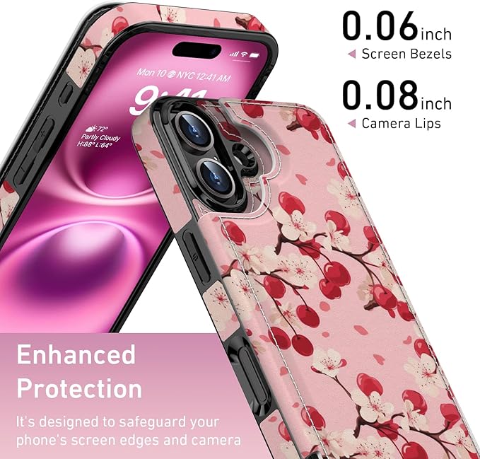 FUNMIKO for iPhone 16 Plus Wallet Case with Card Holder, RFID-Blocking, Military-Grade Protection & UV-Printed Artwork, Magnetic Closure with Leather Kickstand - Cherry Blossom