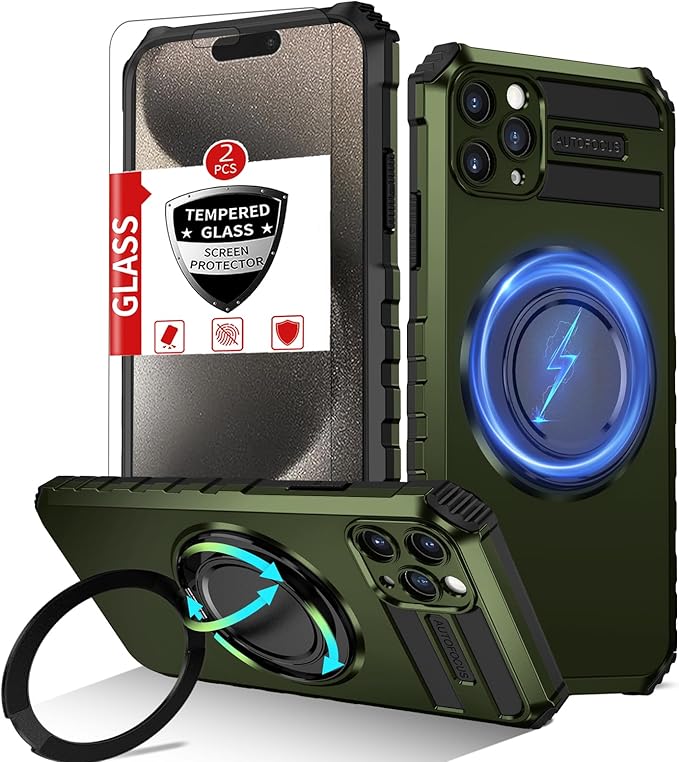 for iPhone 15 Pro Max Case Magnetic Compatible with Wireless Charging,15 ProMax Case with 2 Screen Protectors,Built-in Kickstand Ring Military Grade Drop Shockproof Heavy Duty Protection Green