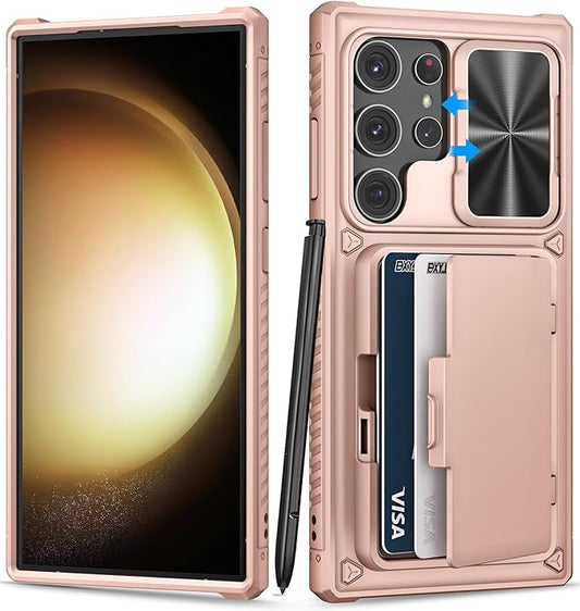 for Samsung Galaxy S23 Ultra Case with Card Holder (Store 4-5 Cards), Slide Lens Cover & Stand, Military Grade Drop Protection, Shockproof Wallet Phone Case for Galaxy S23 Ultra, Rose Gold