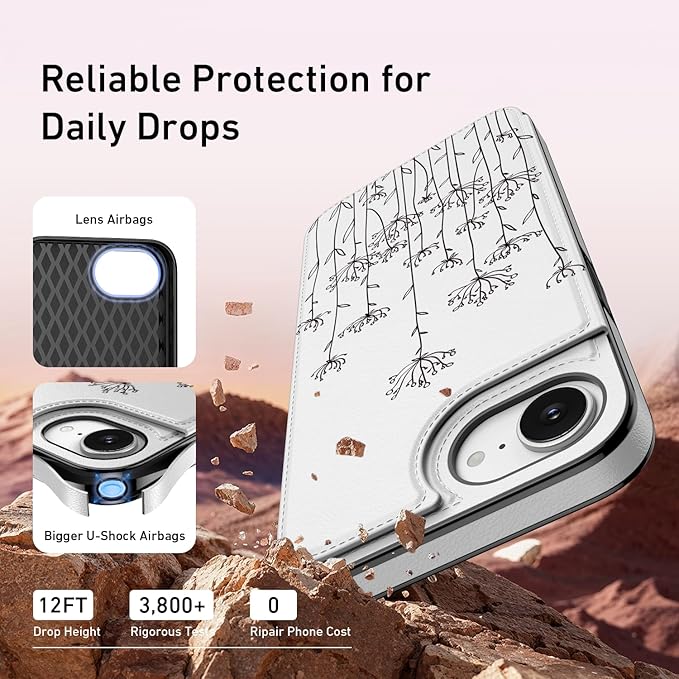 FUNMIKO for iPhone 16e Wallet Case with Card Holder, RFID-Blocking, Military-Grade Protection & UV-Printed Artwork, Magnetic Closure with Leather Kickstand - Elegantly Sketched Flower