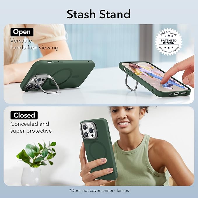 ESR for iPhone 14 Pro Max Case, MagSafe Silicone Case with Stand, Military-Grade Protection, Built-in Camera Stash Stand, Magnetic Phone Case for iPhone 14 Pro max, Cloud Series,Green